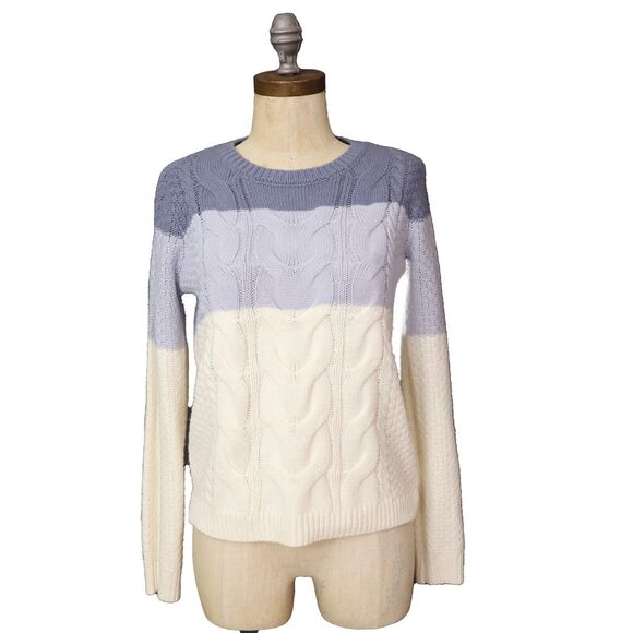 PINK ROSE Colorblock Striped Cableknit Sweater S Blue Ivory Pullover EUC B28 - Picture 1 of 5